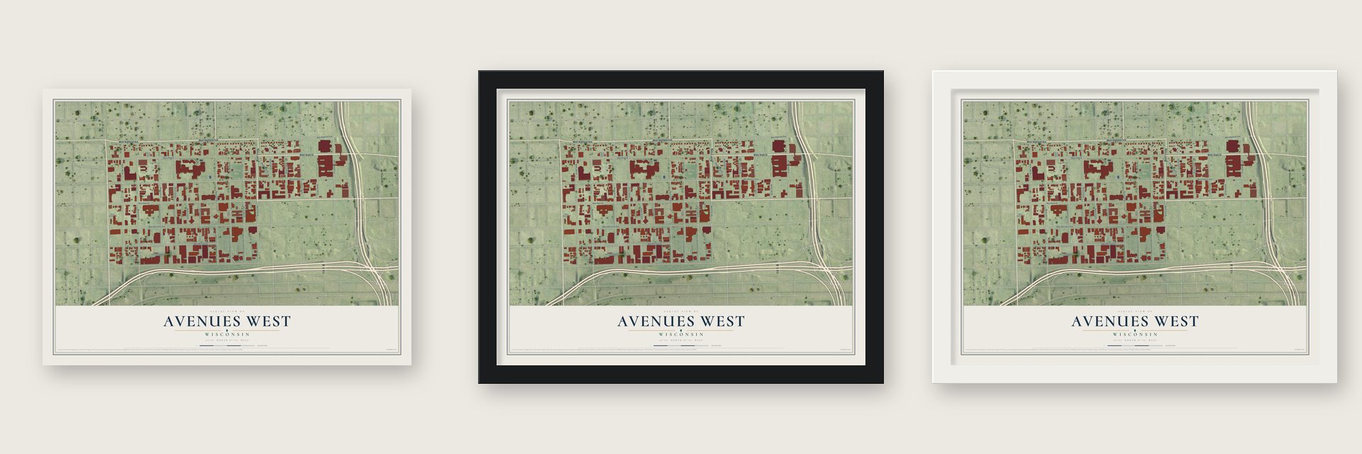 Avenues West, Wisconsin map unframed, in a black wood frame and in a white wood frame