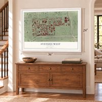 Avenues West, Wisconsin map, 24 x 36 inch print in a white frame above a dresser by a staircase