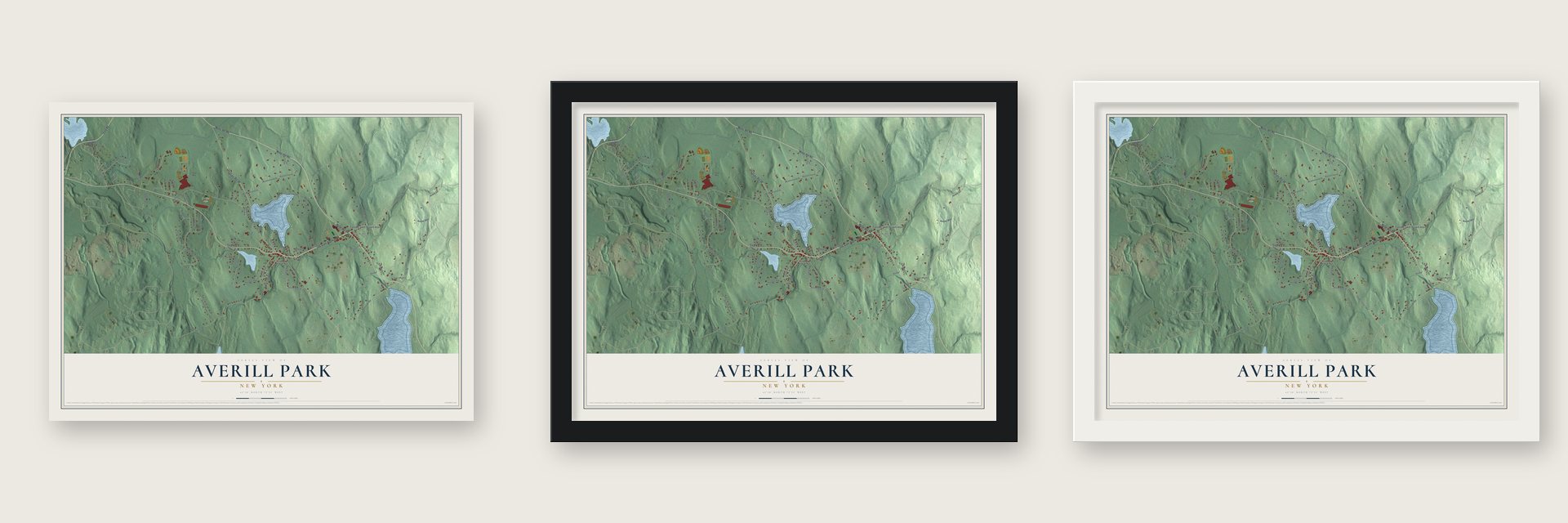 Averill Park, New York map unframed, in a black wood frame and in a white wood frame