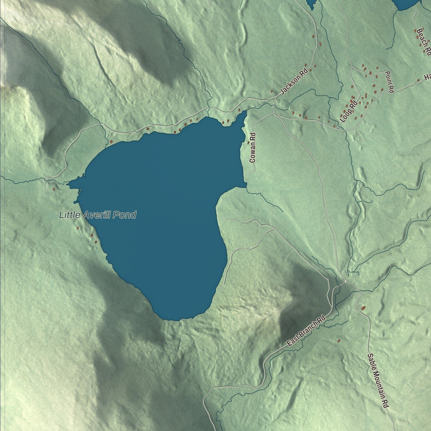 Close-up of the map of Averill, Vermont print showing terrain and local geography