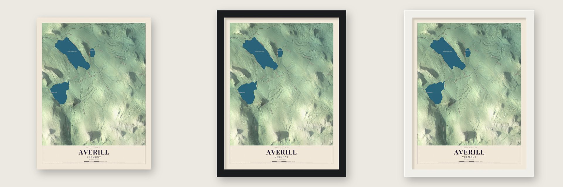 Averill, Vermont map unframed, in a black wood frame and in a white wood frame