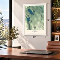 Averill, Vermont map, 18 x 24 inch print in a white frame in a home office