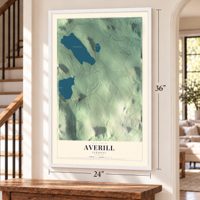 Averill, Vermont map, 24 x 36 inch print in a white frame by a staircase