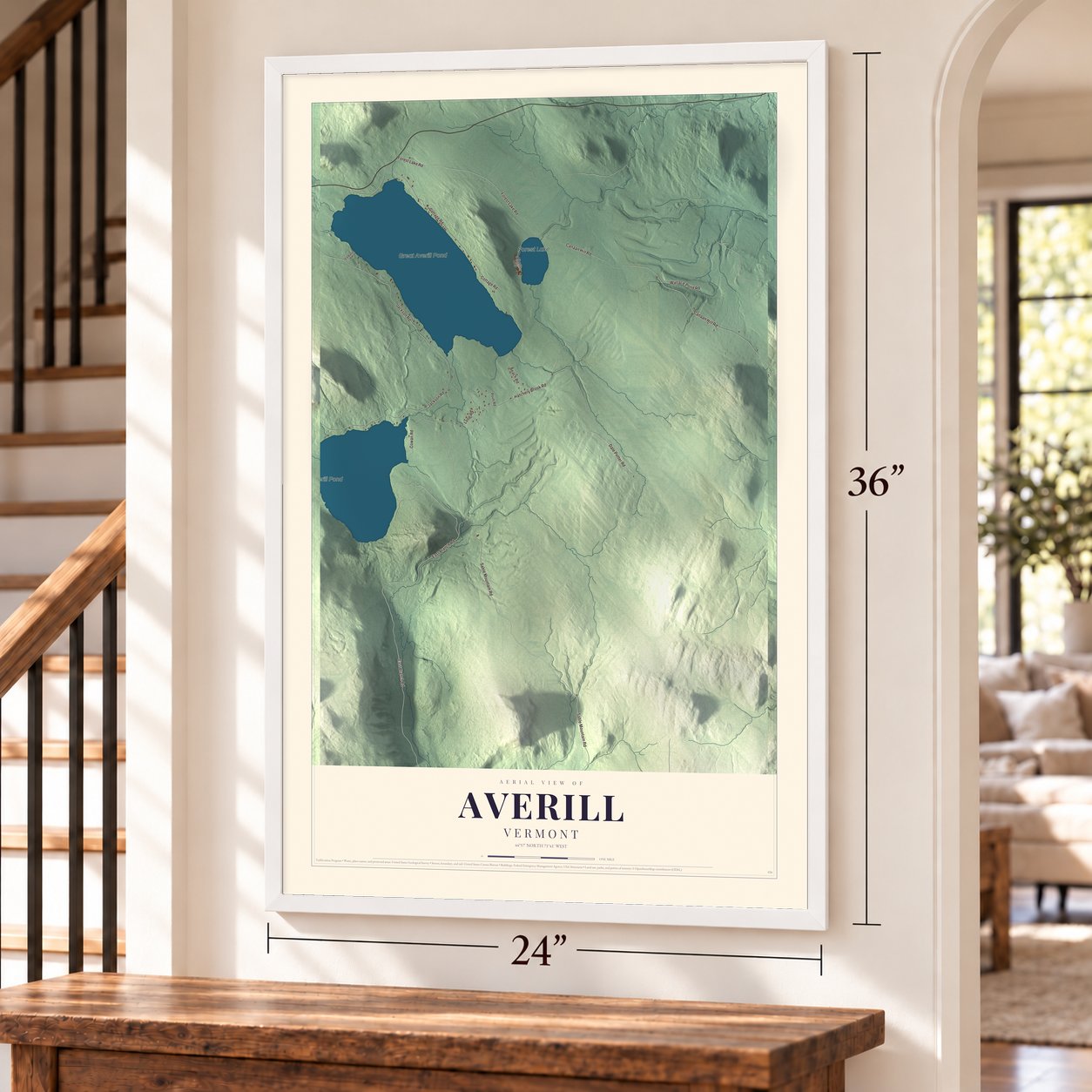 Averill, Vermont map, 24 x 36 inch print in a white frame by a staircase