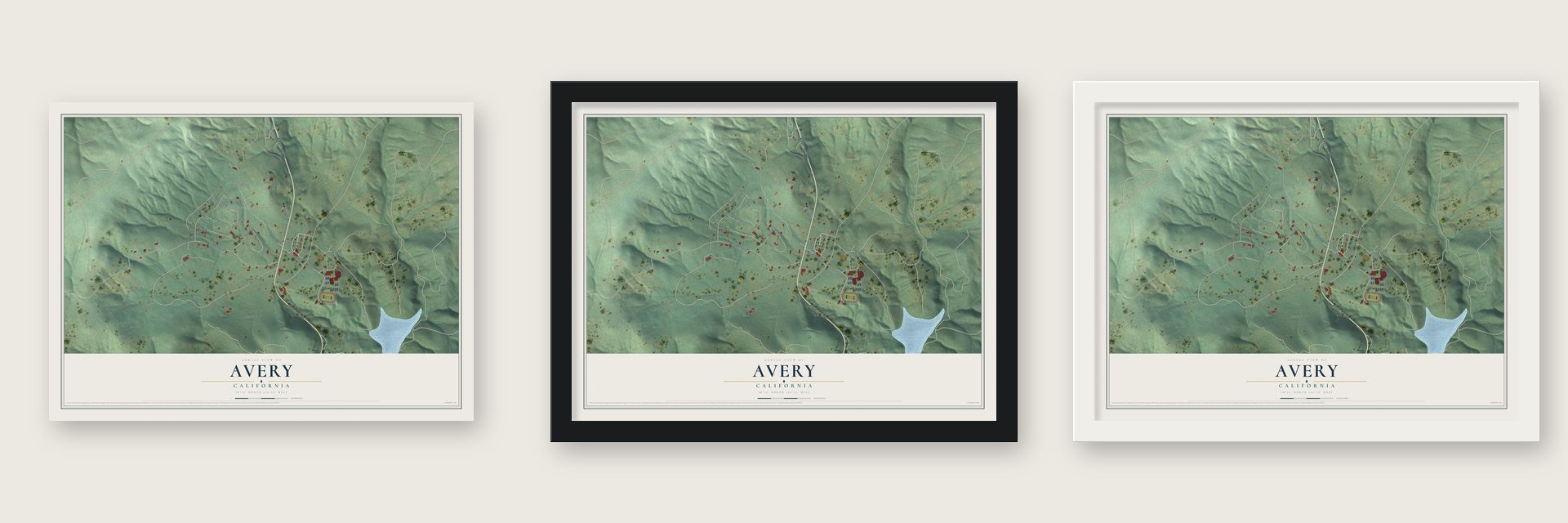 Avery, California map unframed, in a black wood frame and in a white wood frame