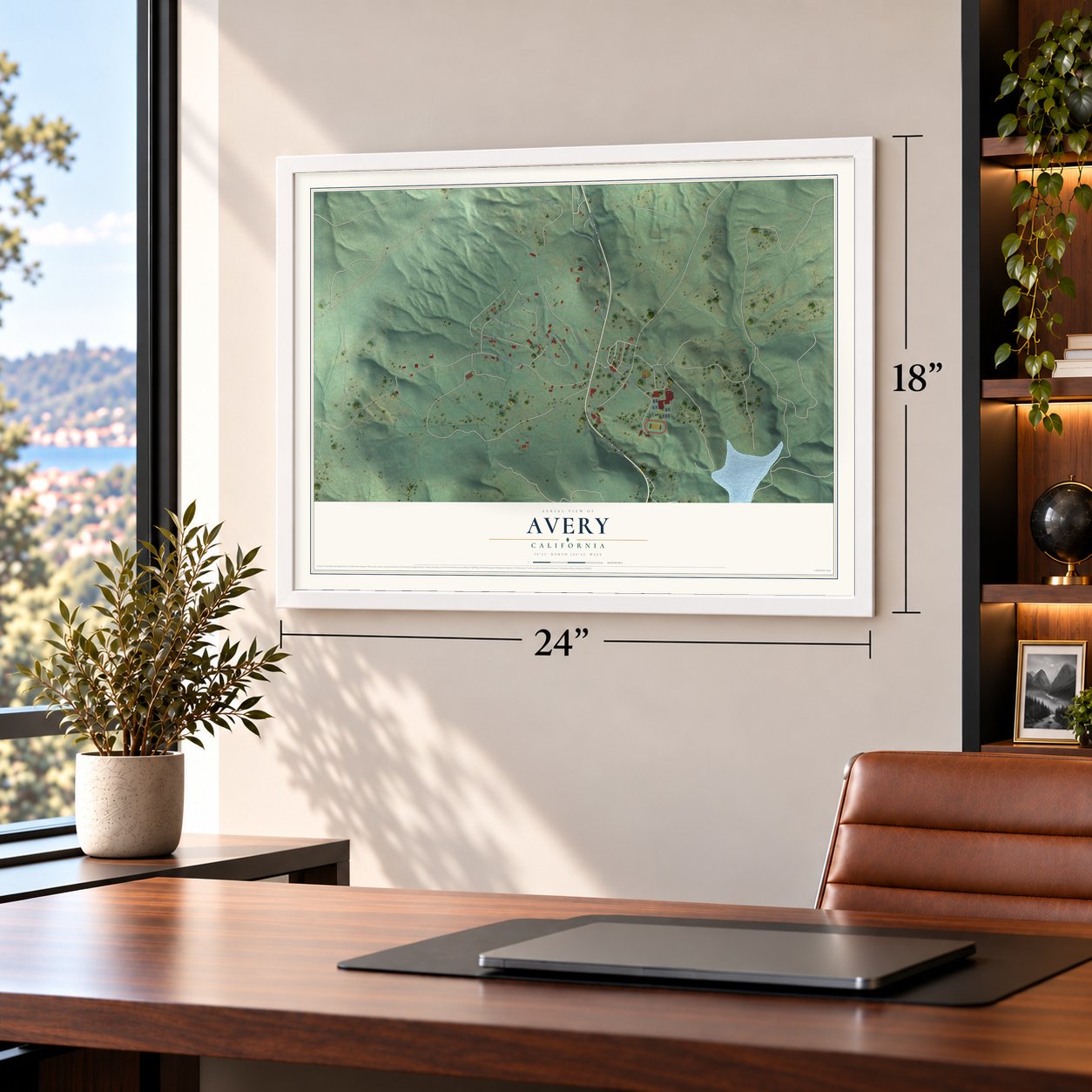 Avery, California map, 18 x 24 inch print in a white frame in a home office