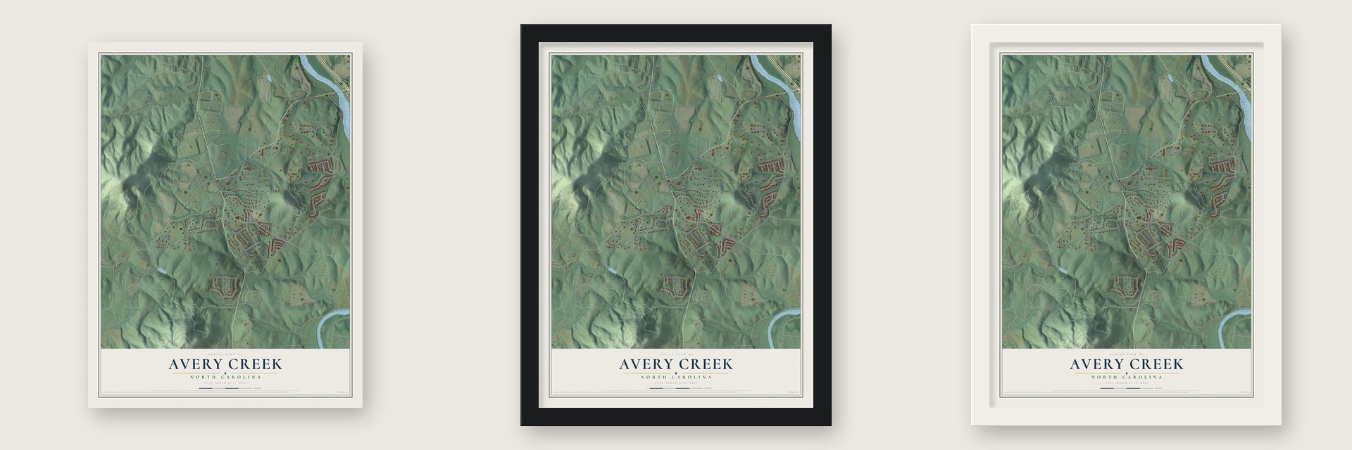 Avery Creek, North Carolina map unframed, in a black wood frame and in a white wood frame