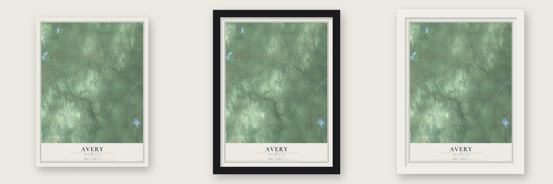 Avery, Michigan map unframed, in a black wood frame and in a white wood frame