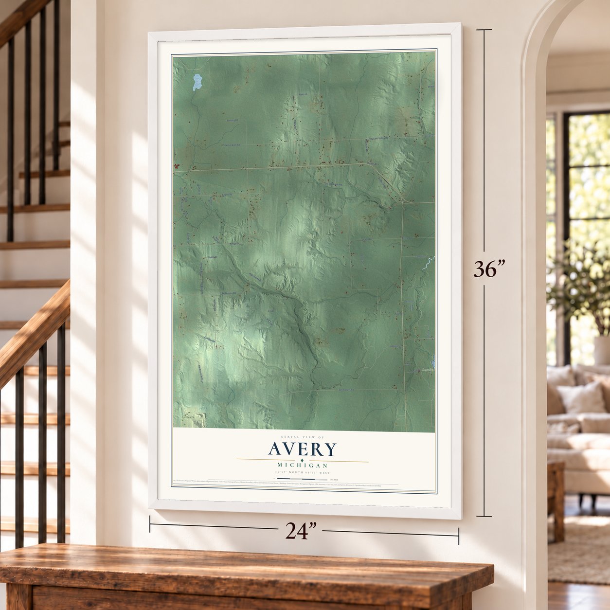 Avery, Michigan map, 24 x 36 inch print in a white frame by a staircase