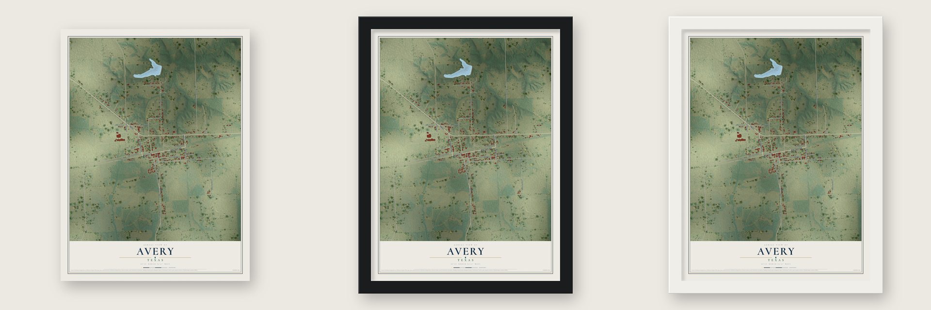 Avery, Texas map unframed, in a black wood frame and in a white wood frame