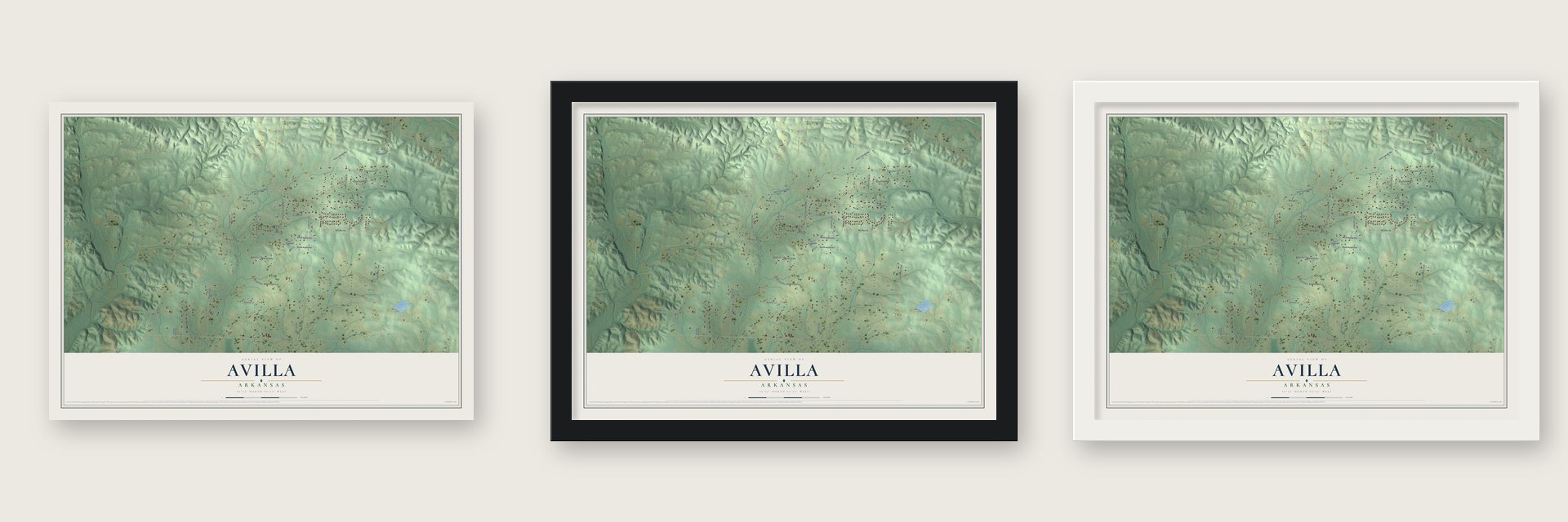 Avilla, Arkansas map unframed, in a black wood frame and in a white wood frame