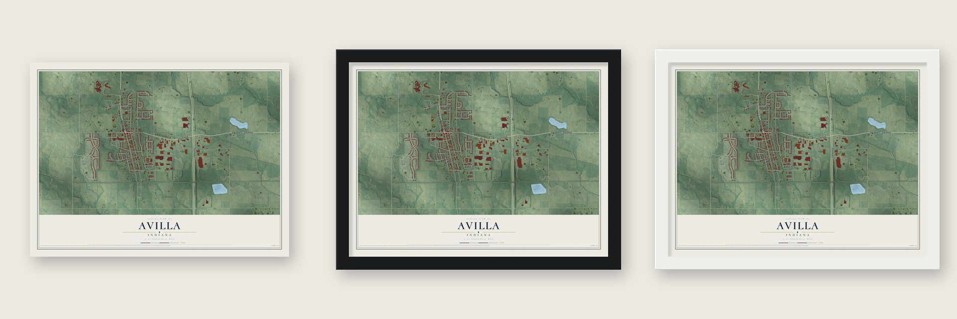 Avilla, Indiana map unframed, in a black wood frame and in a white wood frame