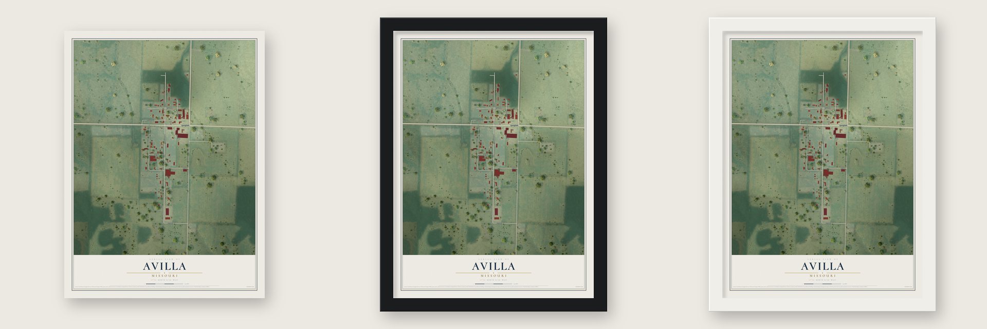 Avilla, Missouri map unframed, in a black wood frame and in a white wood frame