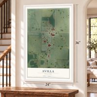 Avilla, Missouri map, 24 x 36 inch print in a white frame by a staircase