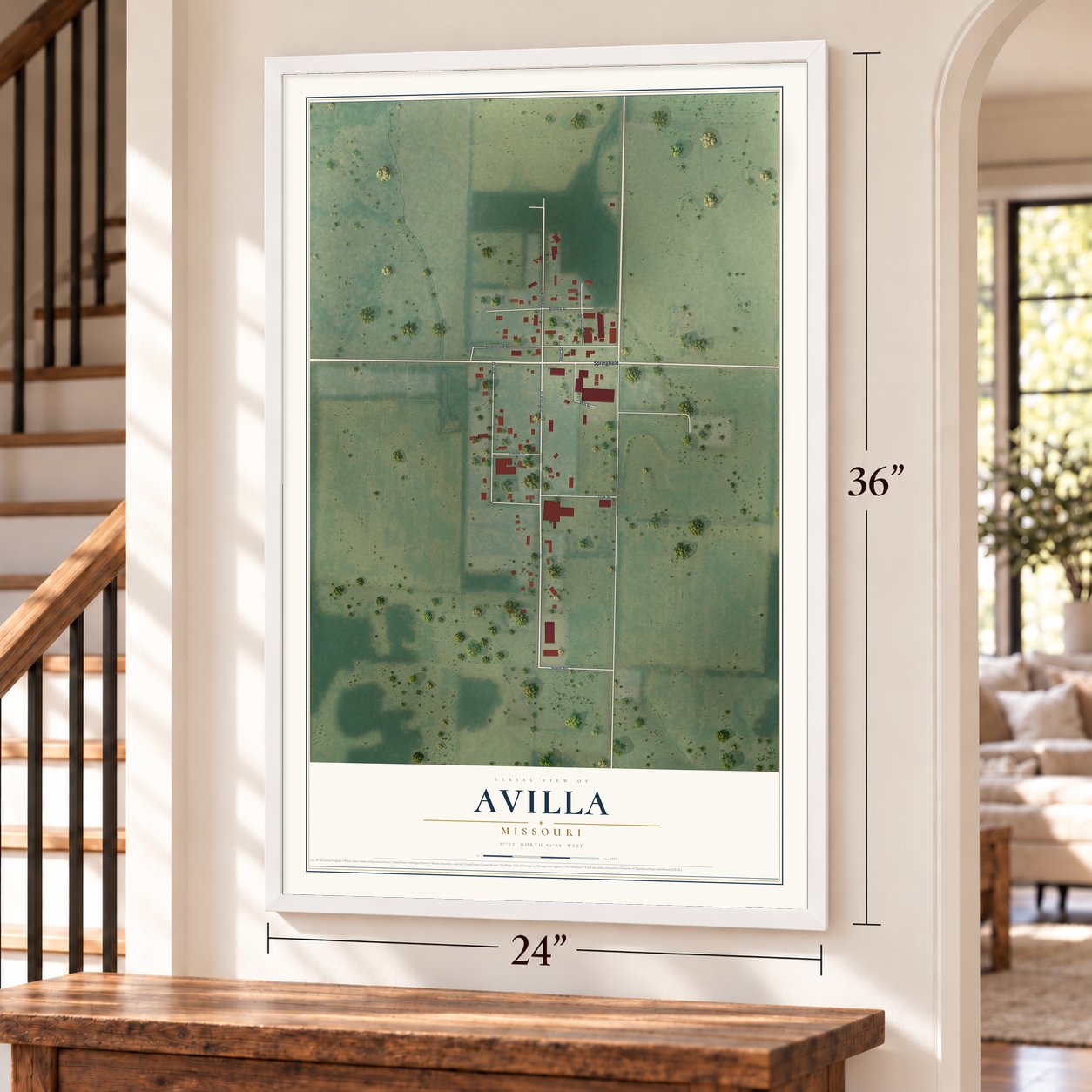 Avilla, Missouri map, 24 x 36 inch print in a white frame by a staircase