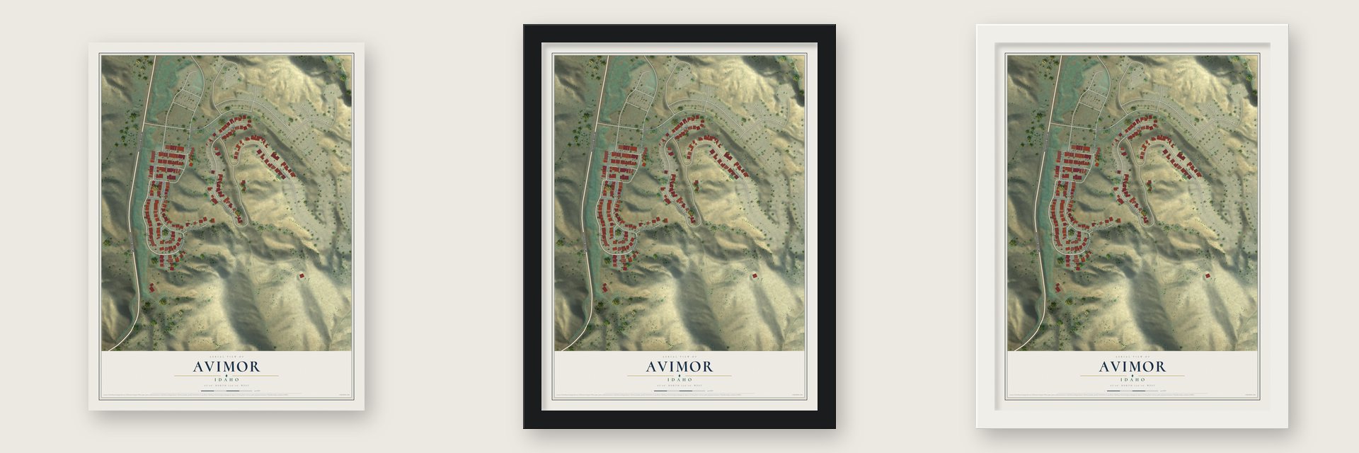 Avimor, Idaho map unframed, in a black wood frame and in a white wood frame