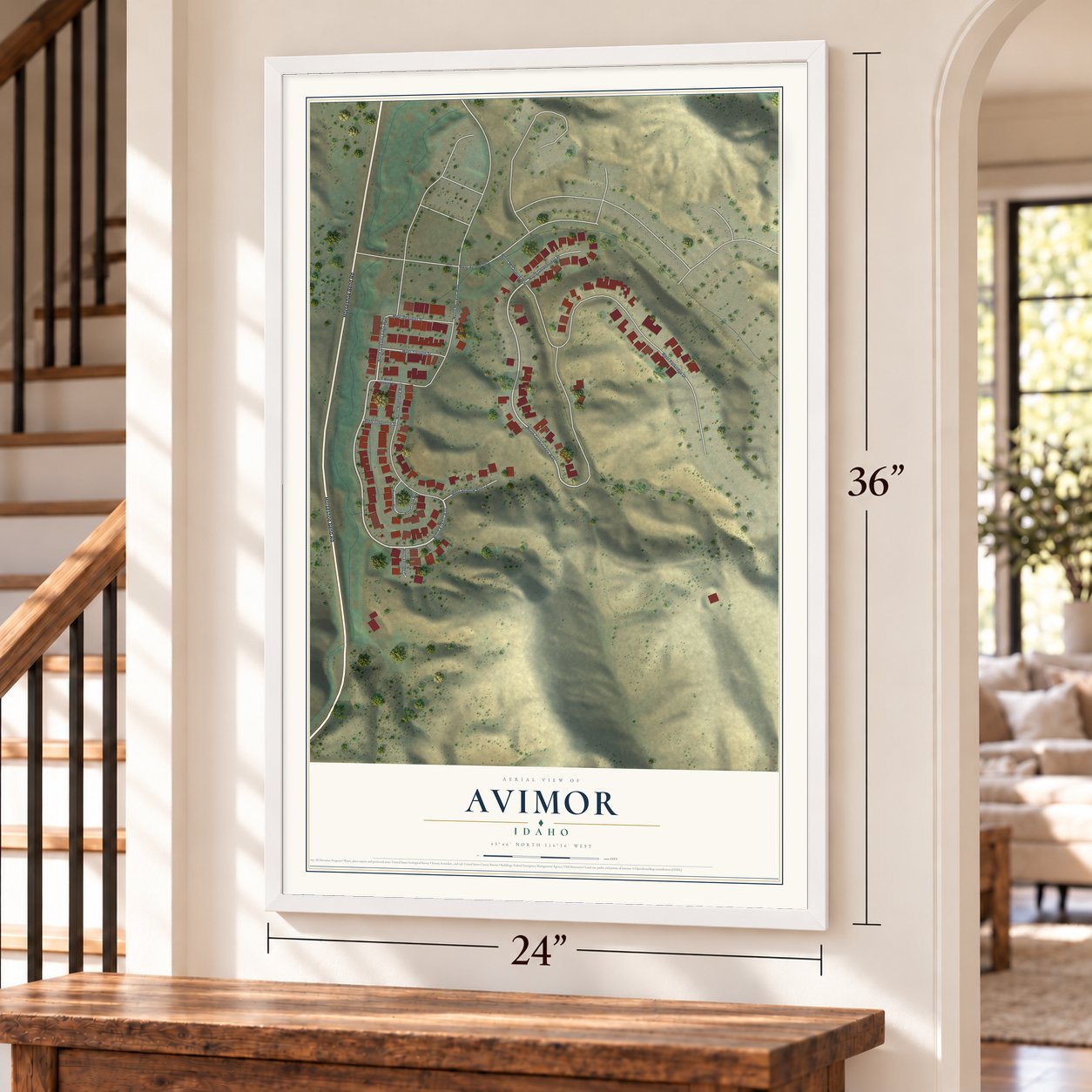 Avimor, Idaho map, 24 x 36 inch print in a white frame by a staircase