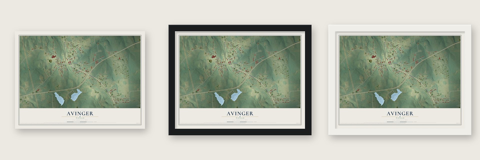Avinger, Texas map unframed, in a black wood frame and in a white wood frame