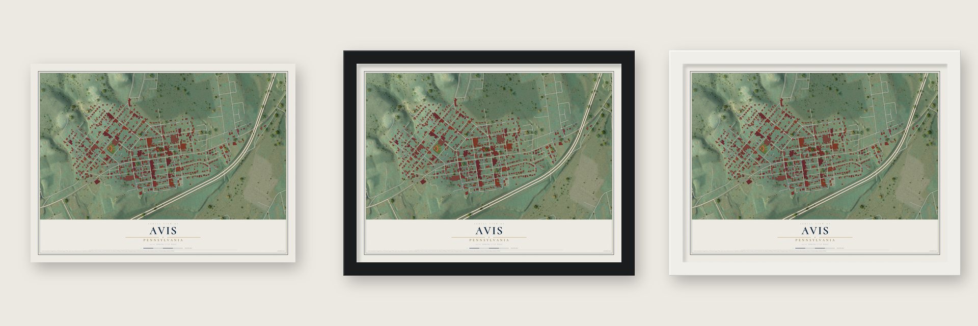 Avis, Pennsylvania map unframed, in a black wood frame and in a white wood frame