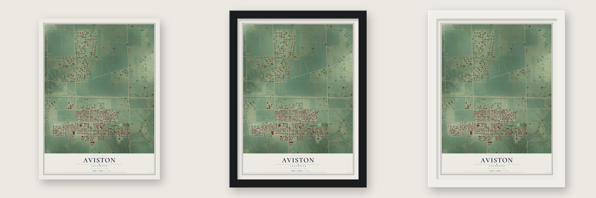 Aviston, Illinois map unframed, in a black wood frame and in a white wood frame
