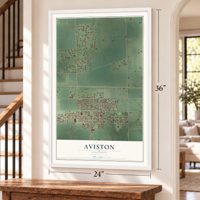 Aviston, Illinois map, 24 x 36 inch print in a white frame by a staircase