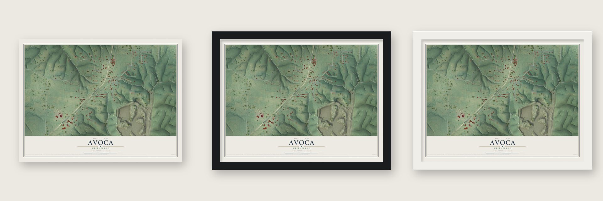 Avoca, Arkansas map unframed, in a black wood frame and in a white wood frame