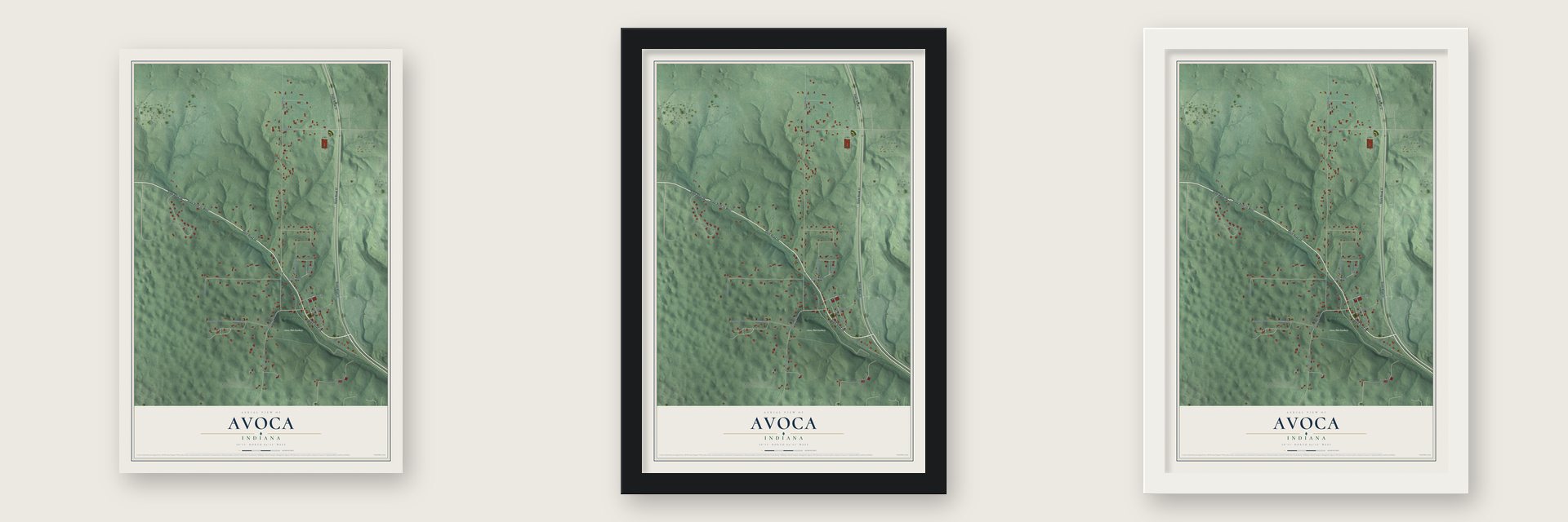 Avoca, Indiana map unframed, in a black wood frame and in a white wood frame
