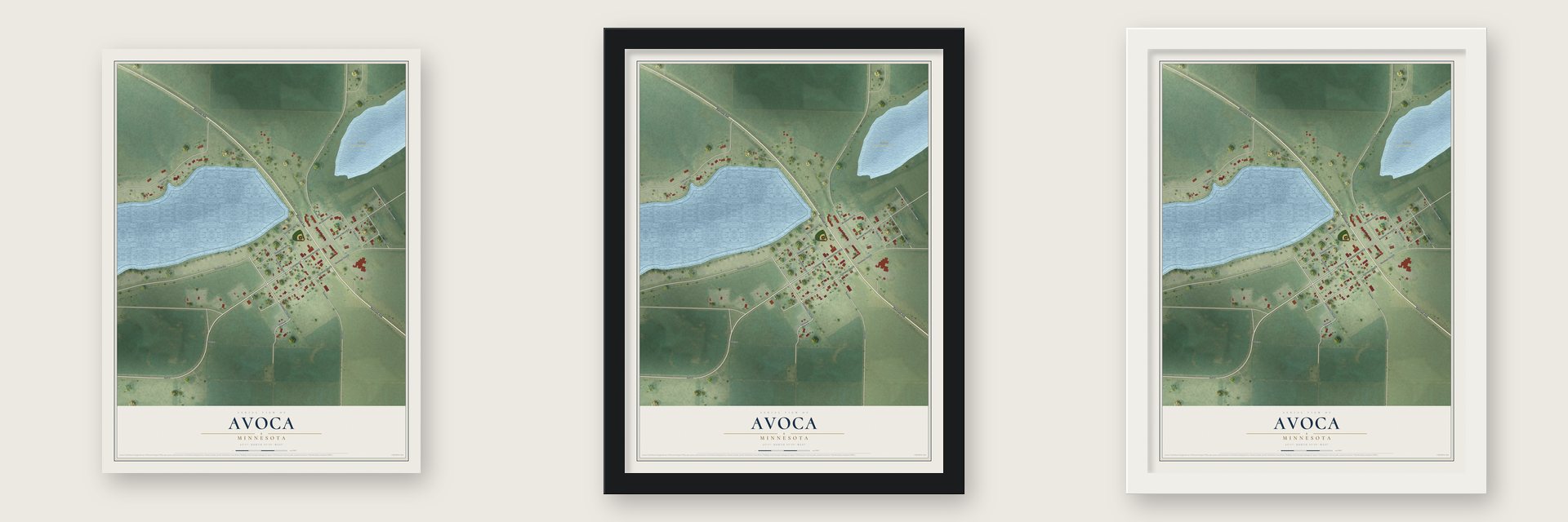 Avoca, Minnesota map unframed, in a black wood frame and in a white wood frame