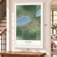 Avoca, Minnesota map, 24 x 36 inch print in a white frame by a staircase