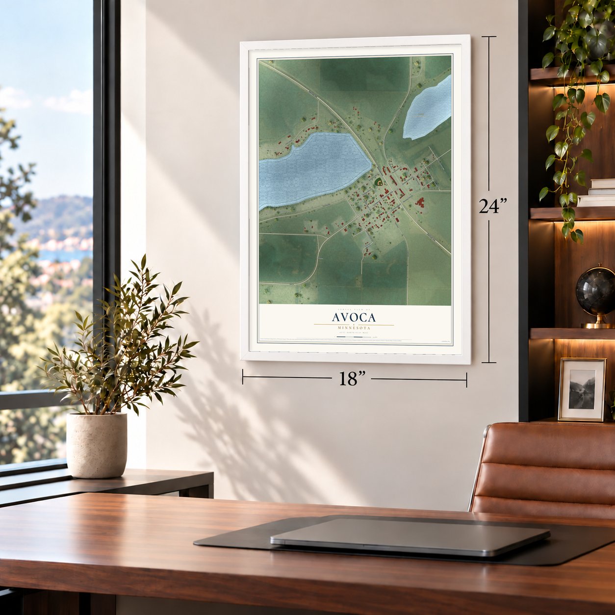 Avoca, Minnesota map, 18 x 24 inch print in a white frame in a home office