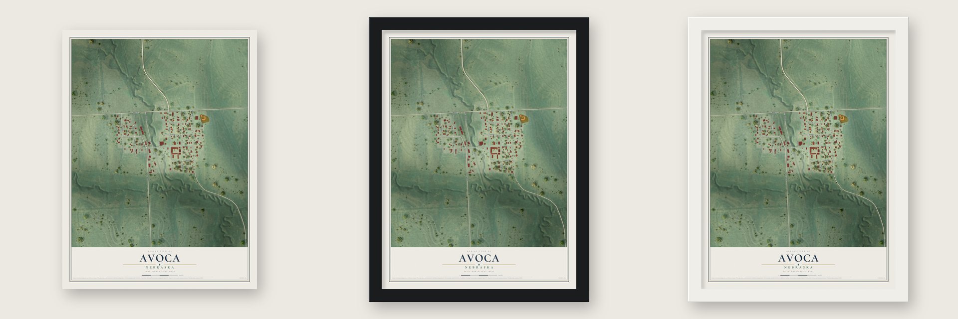 Avoca, Nebraska map unframed, in a black wood frame and in a white wood frame