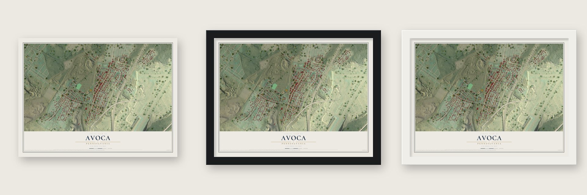 Avoca, Pennsylvania map unframed, in a black wood frame and in a white wood frame