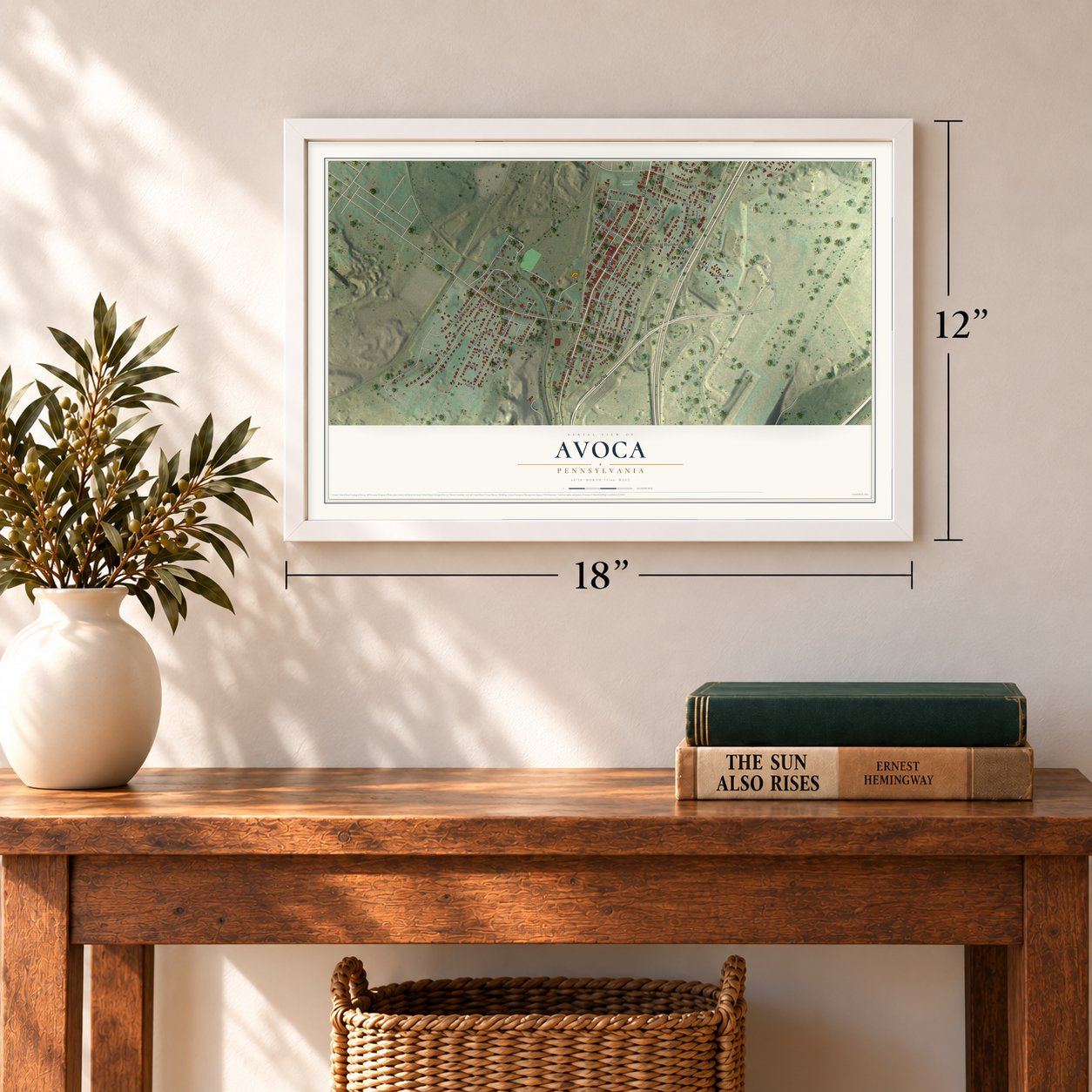 Avoca, Pennsylvania map, 12 x 18 inch print in a white frame in an entryway