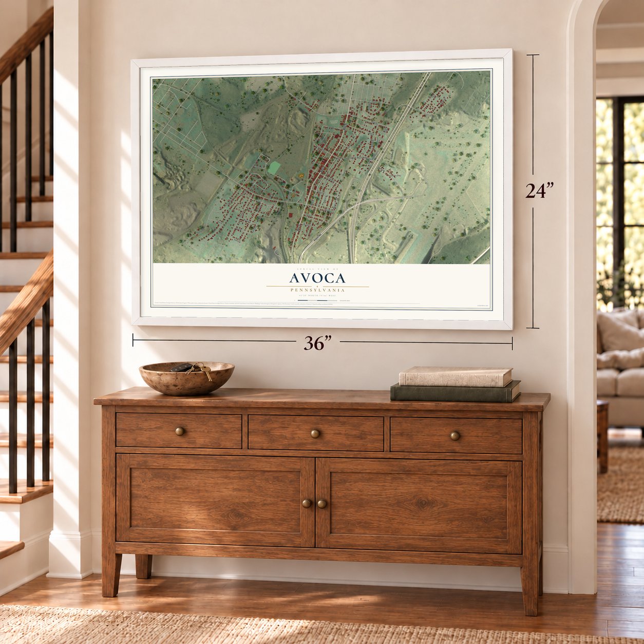 Avoca, Pennsylvania map, 24 x 36 inch print in a white frame above a dresser by a staircase