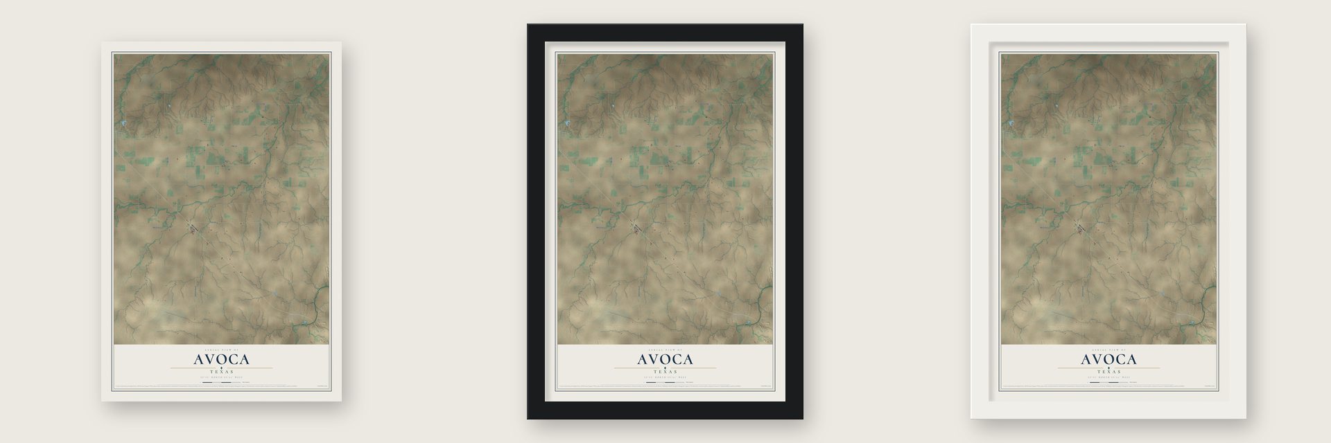 Avoca, Texas map unframed, in a black wood frame and in a white wood frame