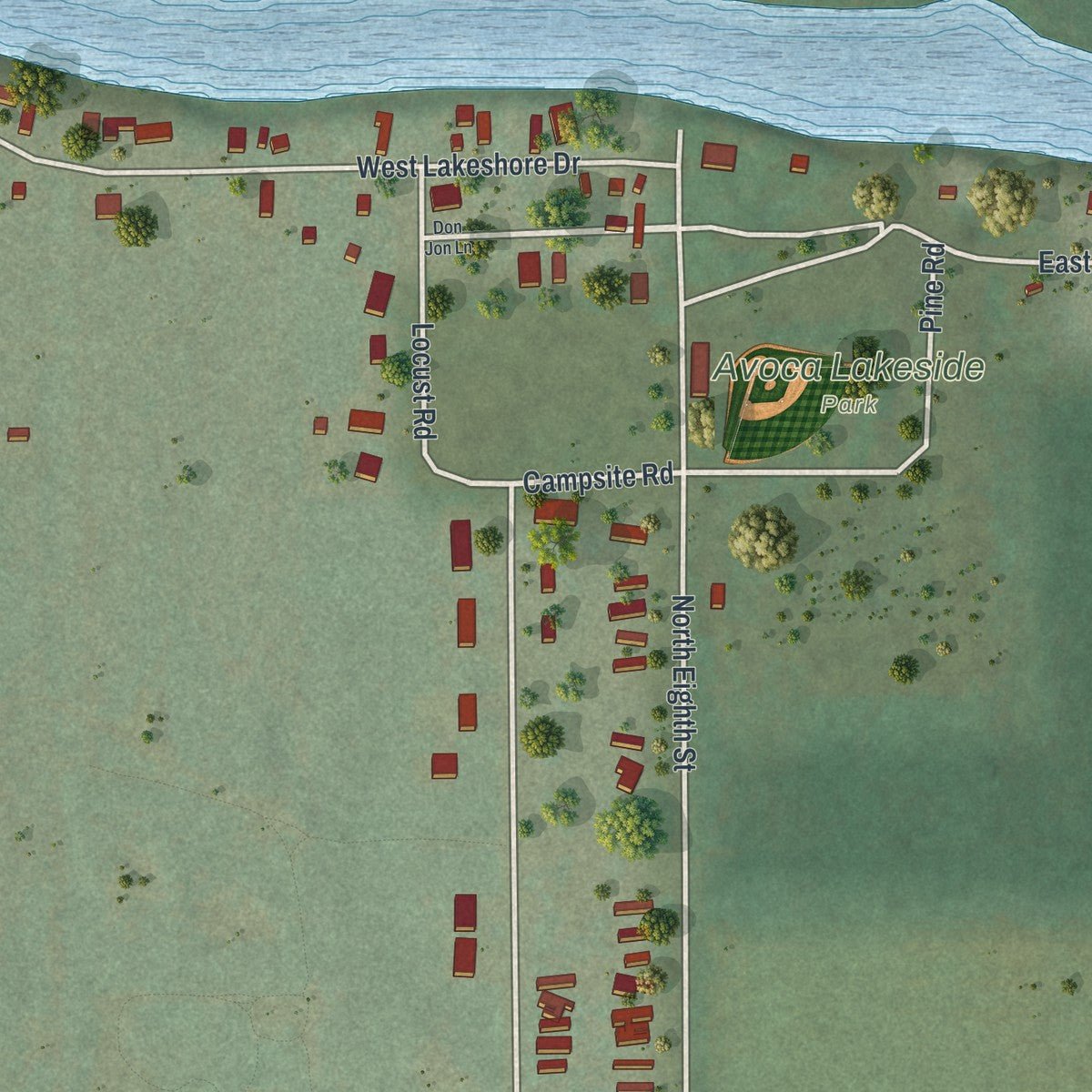 Second close-up of the map of Avoca, Wisconsin print showing more streets and buildings