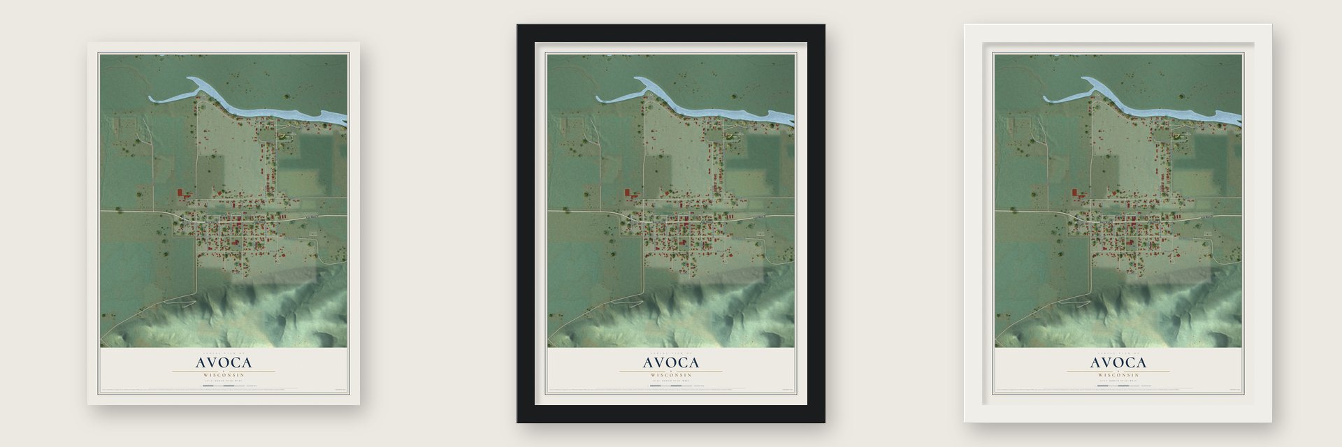Avoca, Wisconsin map unframed, in a black wood frame and in a white wood frame