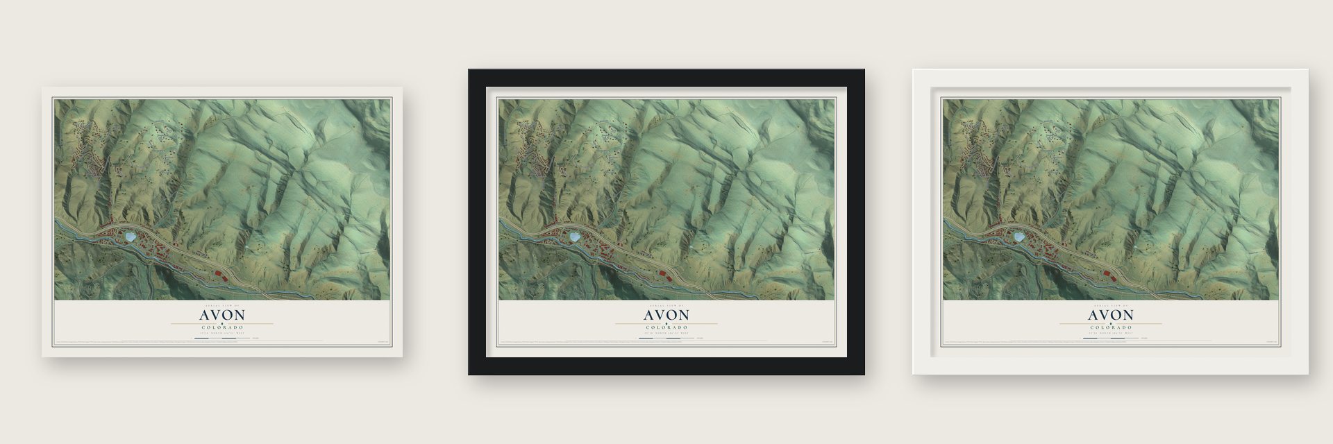 Avon, Colorado map unframed, in a black wood frame and in a white wood frame