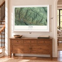Avon, Colorado map, 24 x 36 inch print in a white frame above a dresser by a staircase