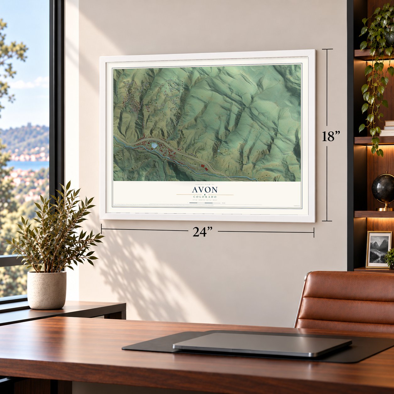 Avon, Colorado map, 18 x 24 inch print in a white frame in a home office