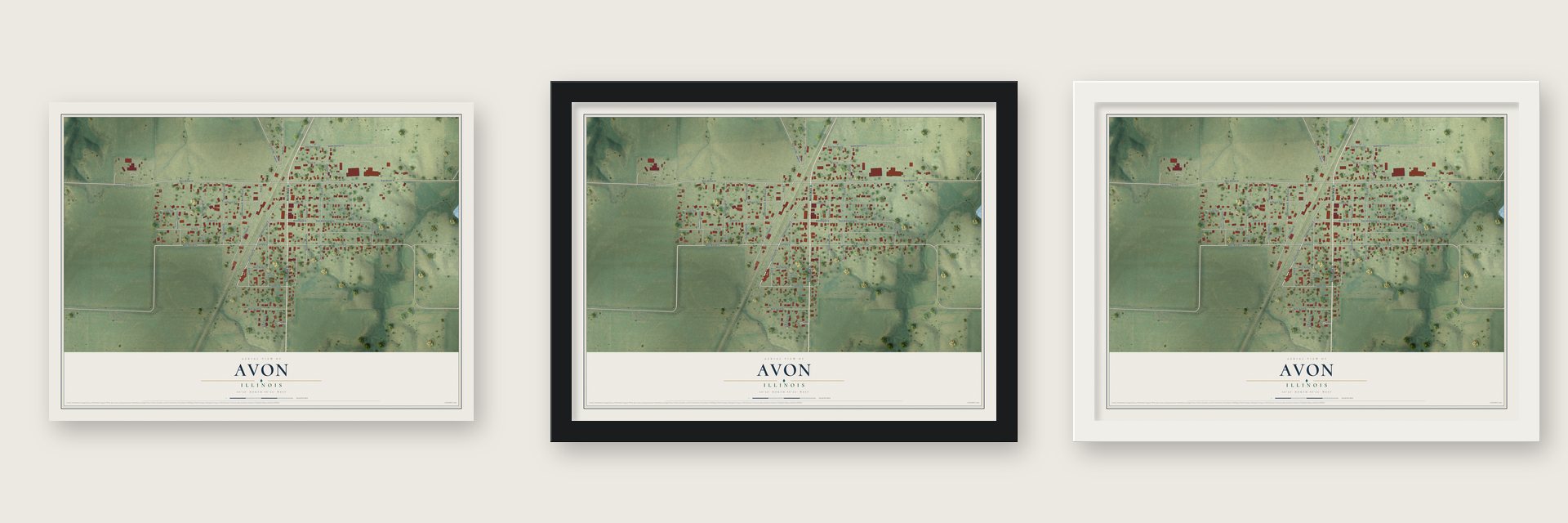 Avon, Illinois map unframed, in a black wood frame and in a white wood frame