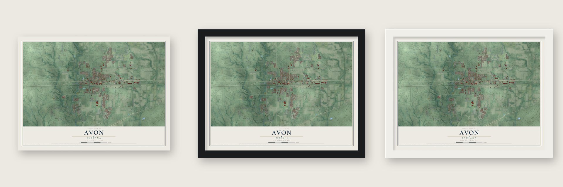 Avon, Indiana map unframed, in a black wood frame and in a white wood frame