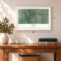 Avon, Indiana map, 12 x 18 inch print in a white frame in an entryway