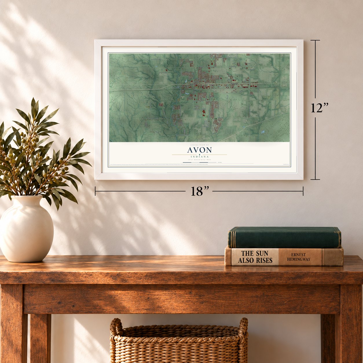 Avon, Indiana map, 12 x 18 inch print in a white frame in an entryway