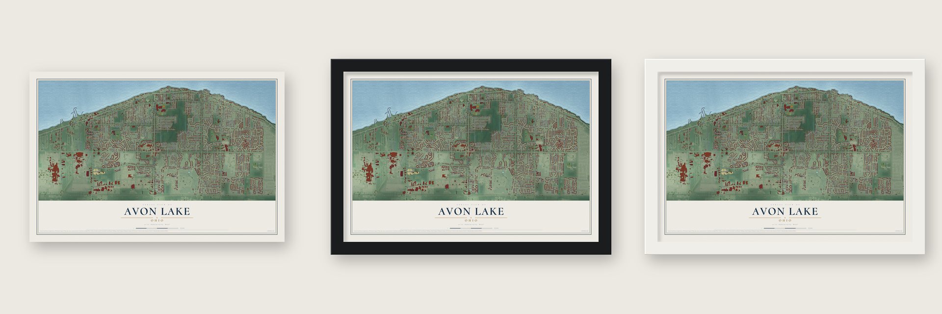 Avon Lake, Ohio map unframed, in a black wood frame and in a white wood frame
