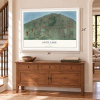 Avon Lake, Ohio map, 24 x 36 inch print in a white frame above a dresser by a staircase