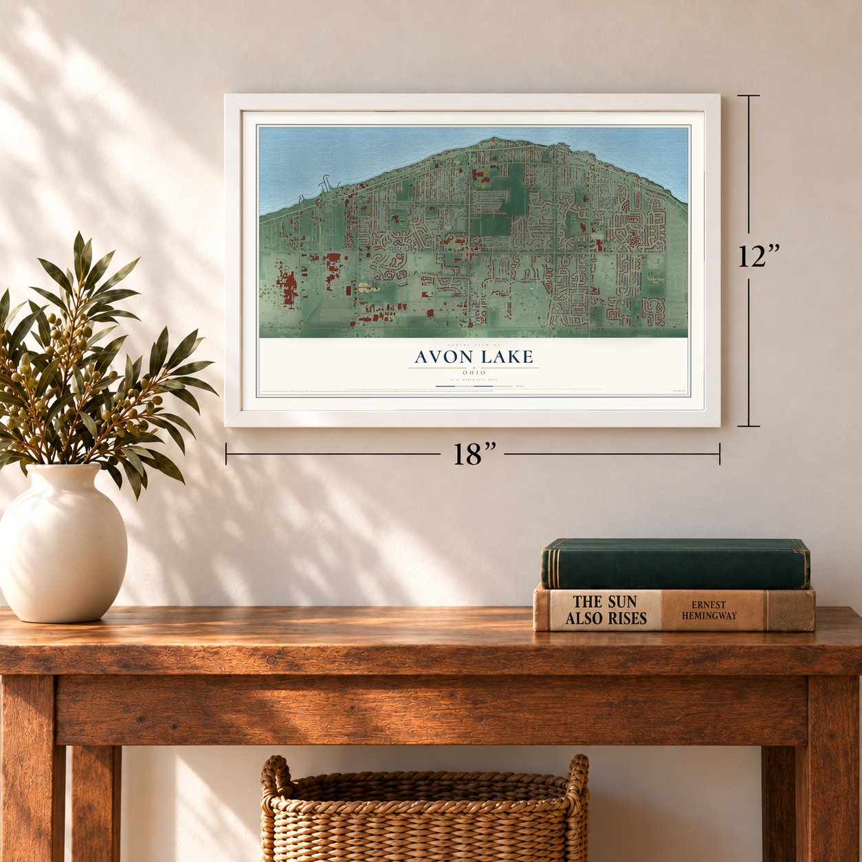 Avon Lake, Ohio map, 12 x 18 inch print in a white frame in an entryway