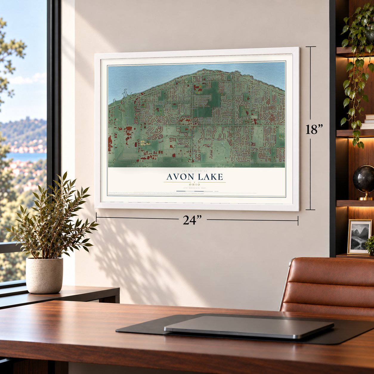 Avon Lake, Ohio map, 18 x 24 inch print in a white frame in a home office