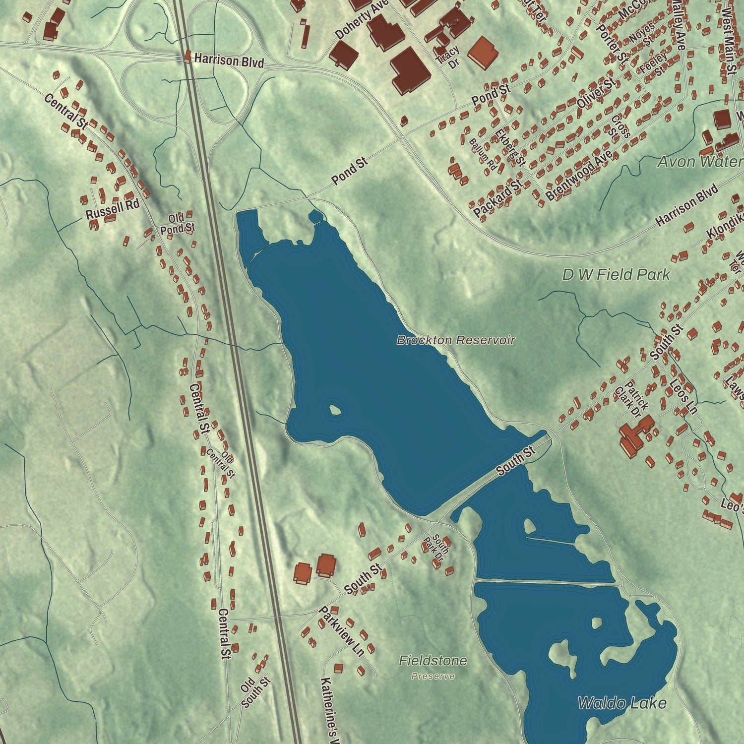 Close-up of the map of Avon, Massachusetts print showing terrain and local geography