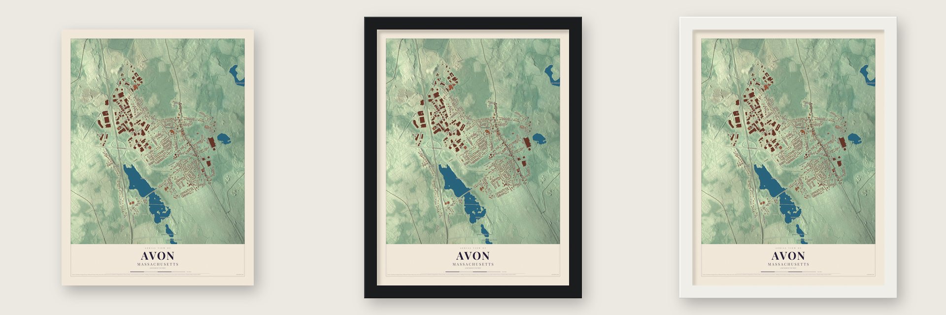 Avon, Massachusetts map unframed, in a black wood frame and in a white wood frame